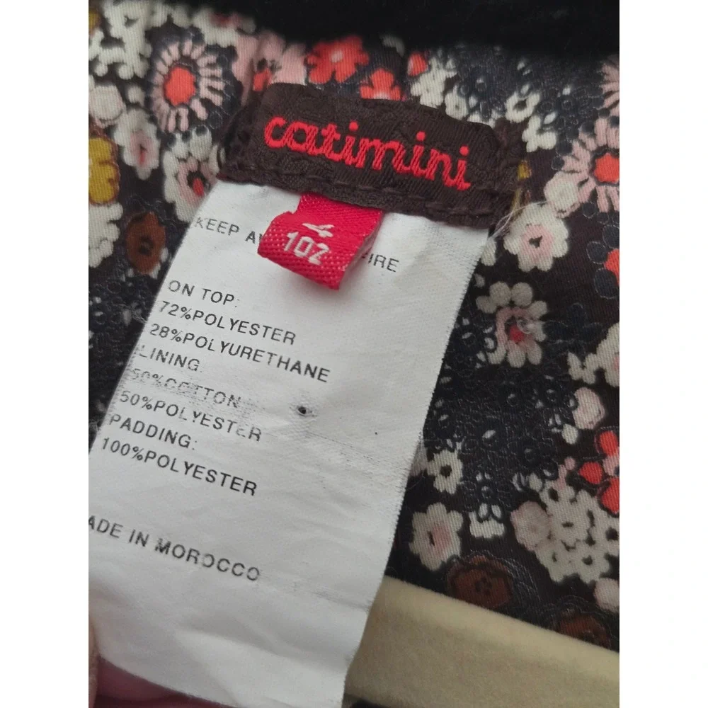 Catimini Black Patent Hooded Coat Faux Fur‎ Trim Flower Detail Size 4